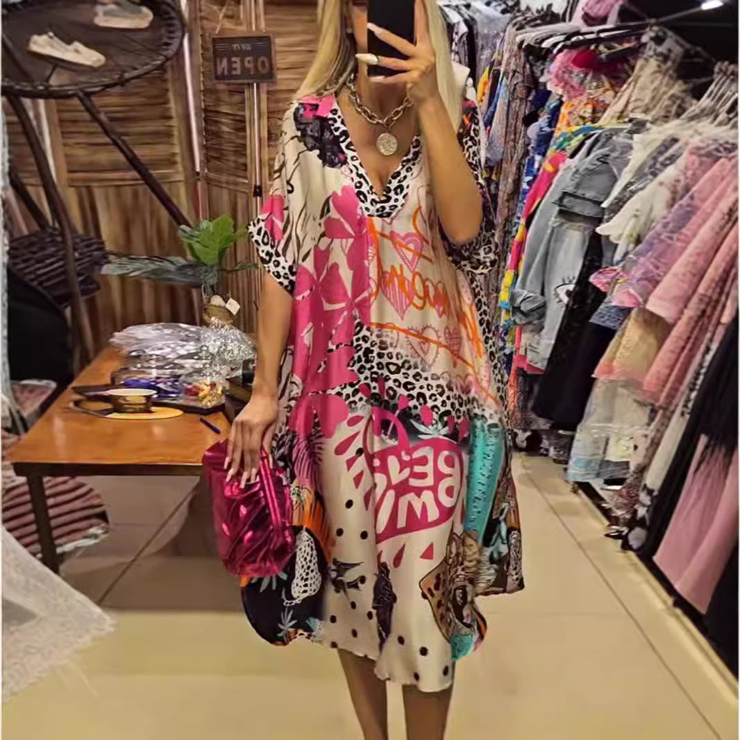 Color Printing Deep V Dress Women