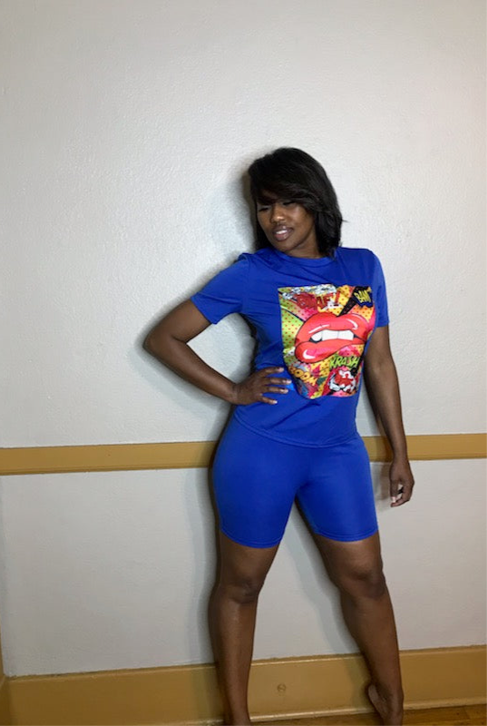 Blue Letter Print Tracksuit Set