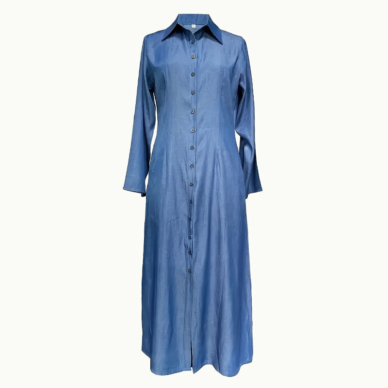 Womens Casual Button Down Denim Maxi Dress Long Sleeve Long Jean Dresses With Pockets