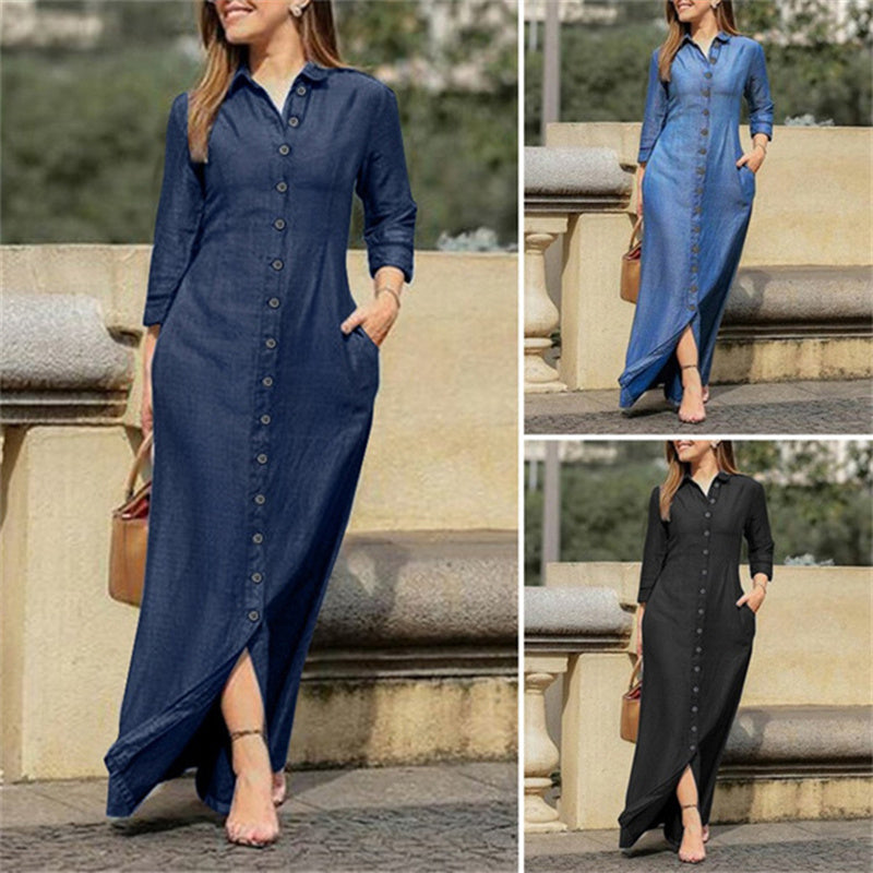 Womens Casual Button Down Denim Maxi Dress Long Sleeve Long Jean Dresses With Pockets