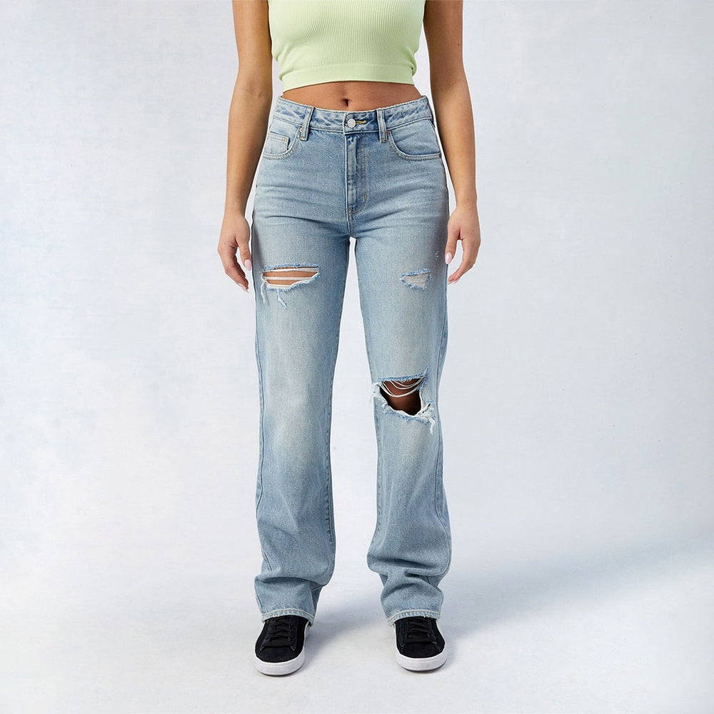 Women's High-Waist Jeans, Wide-Leg Full-Length Jeans With Center Pleat, Cotton Denim For All Seasons Forbidden Platform - Temu
