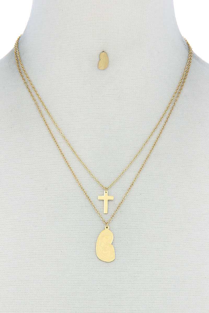 Stylish Double Layer Cross And Mary Necklace And Earring