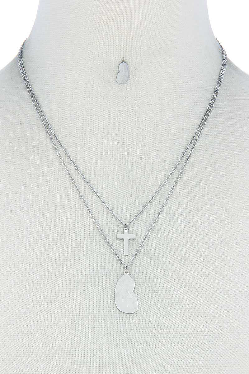 Stylish Double Layer Cross And Mary Necklace And Earring